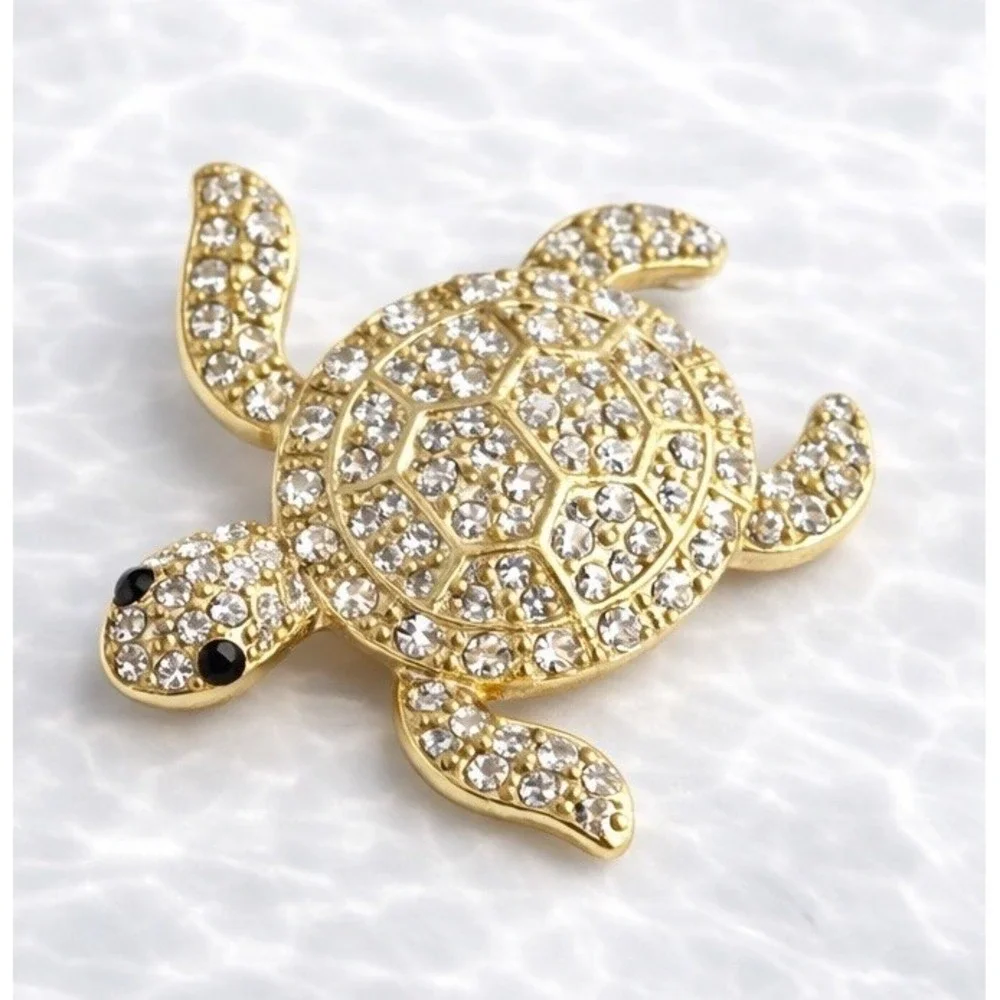 White Rhinestone Sea Turtle Brooch with Gold Tone Metal Accent Pin 1.5